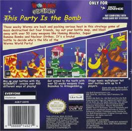 Box back cover for Worms World Party on the Nintendo Game Boy Advance.