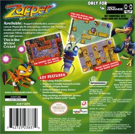 Box back cover for Zapper: One Wicked Cricket on the Nintendo Game Boy Advance.