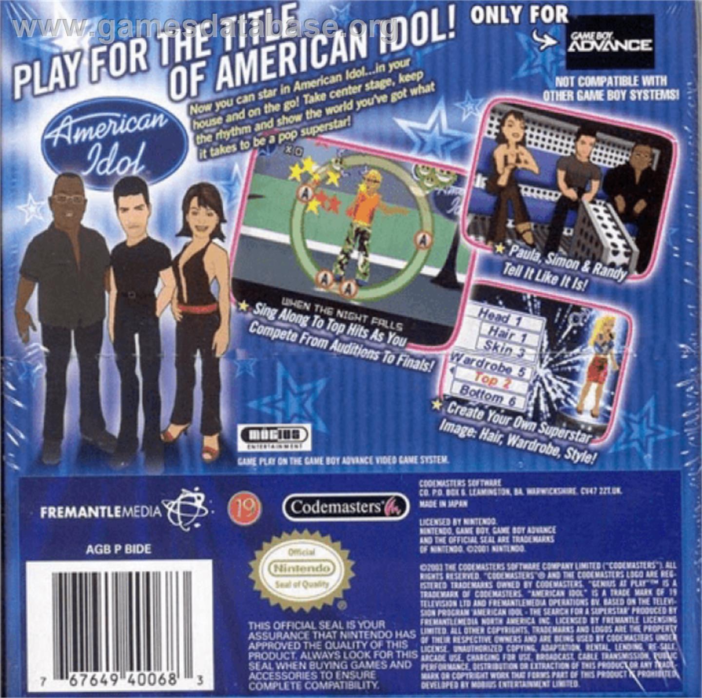 American Idol - Nintendo Game Boy Advance - Artwork - Box Back