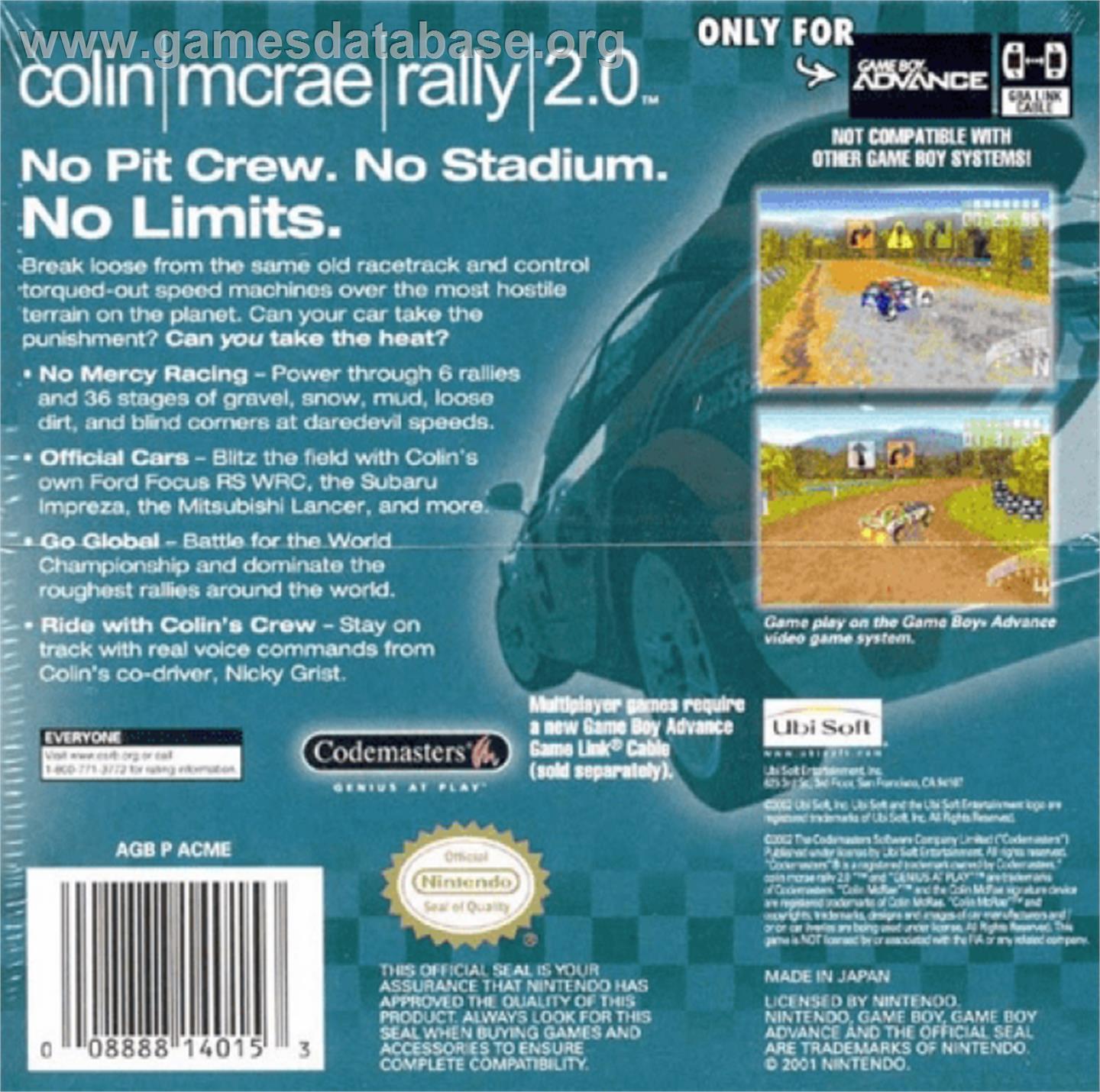 Colin McRae Rally 2.0 - Nintendo Game Boy Advance - Artwork - Box Back