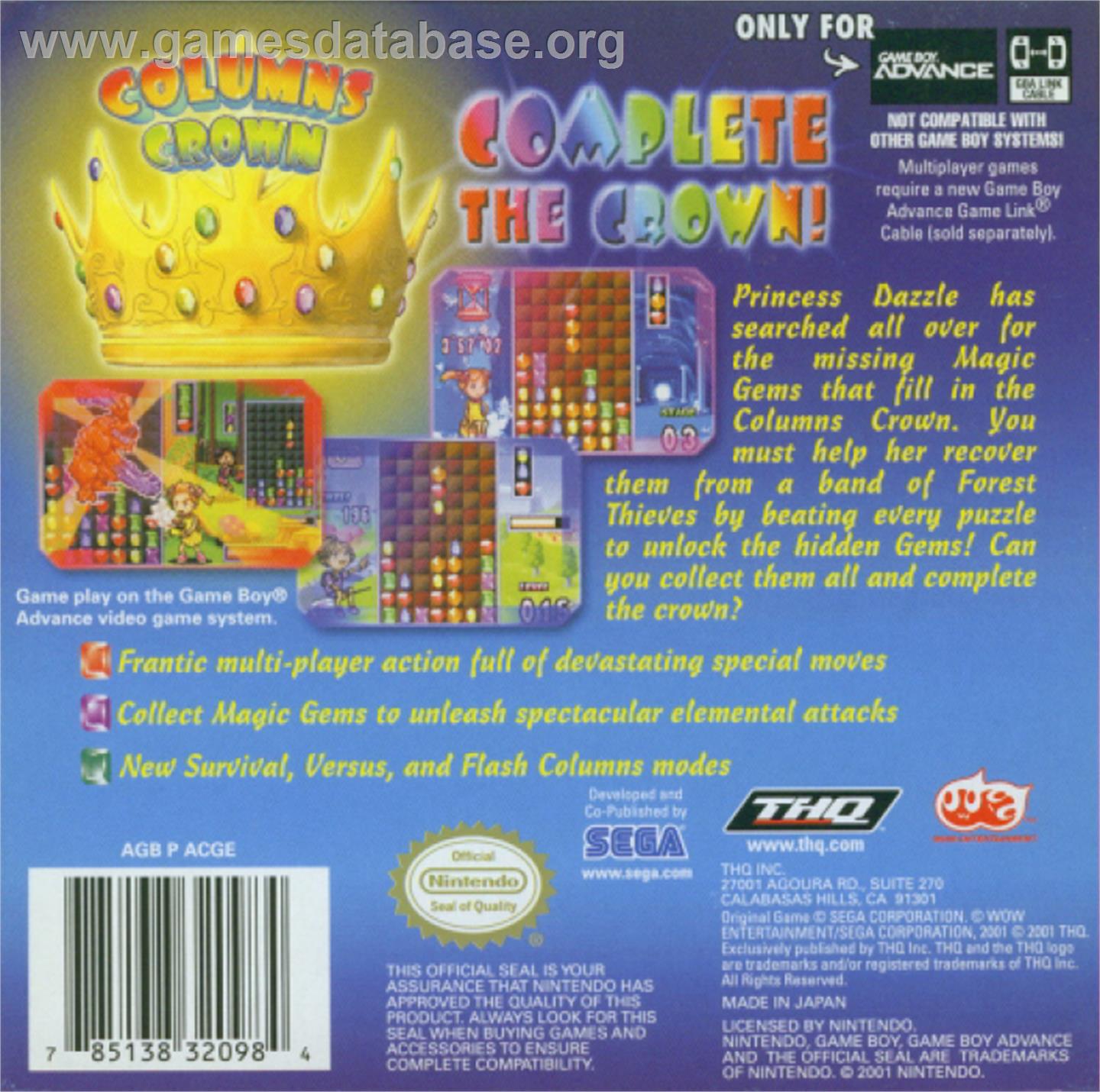 Columns Crown - Nintendo Game Boy Advance - Artwork - Box Back