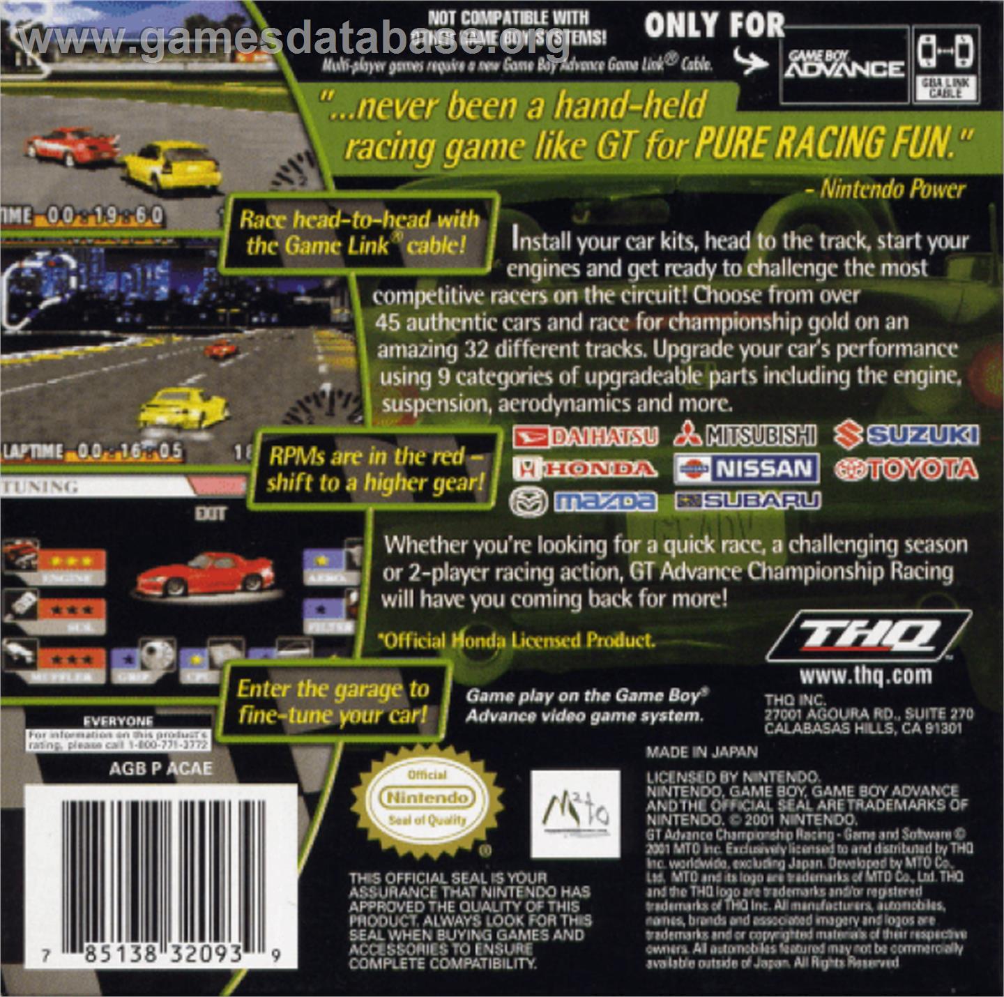 GT Advance Championship Racing - Nintendo Game Boy Advance - Artwork - Box Back