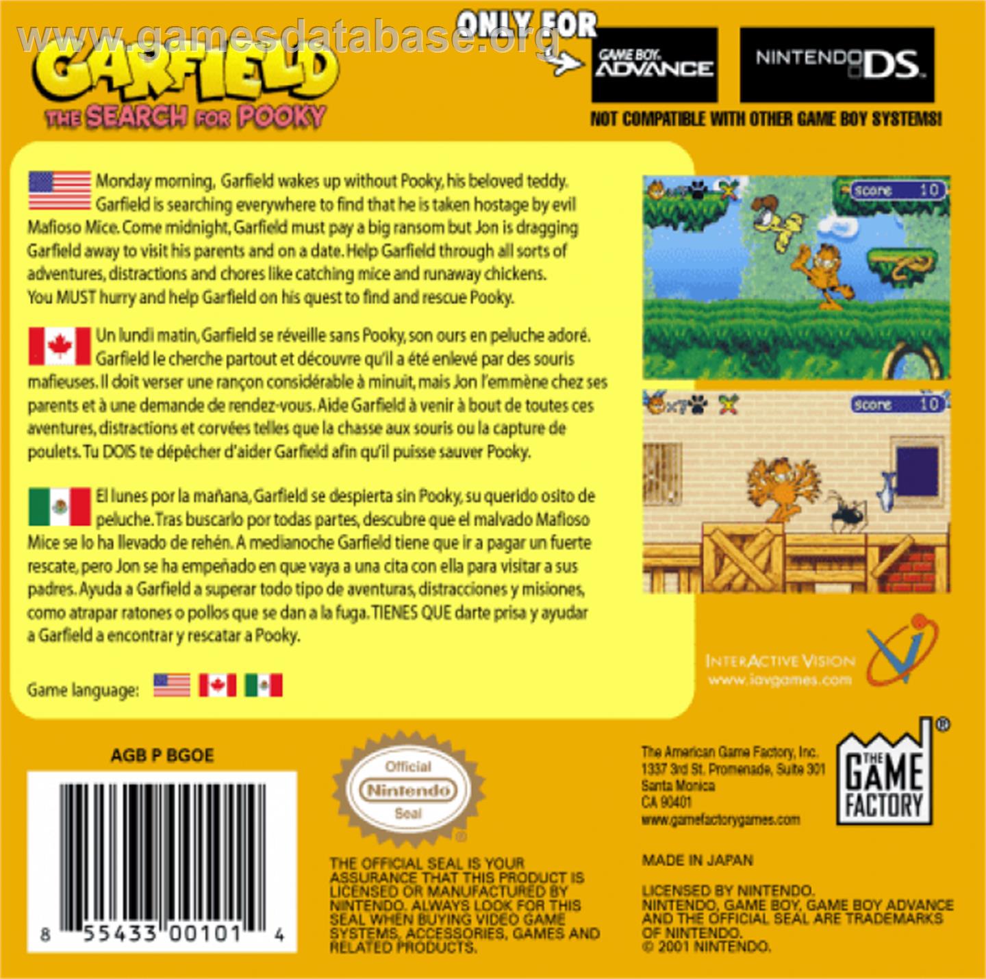 Garfield: The Search for Pooky - Nintendo Game Boy Advance - Artwork - Box Back