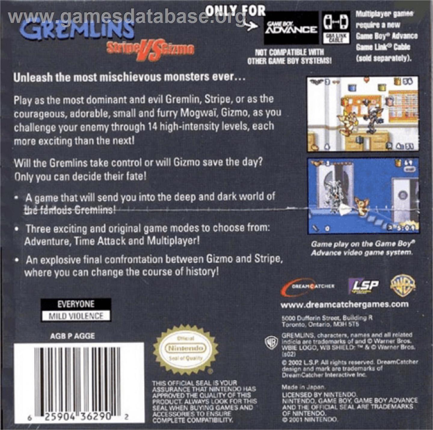 Gremlins: Stripe Vs. Gizmo - Nintendo Game Boy Advance - Artwork - Box Back