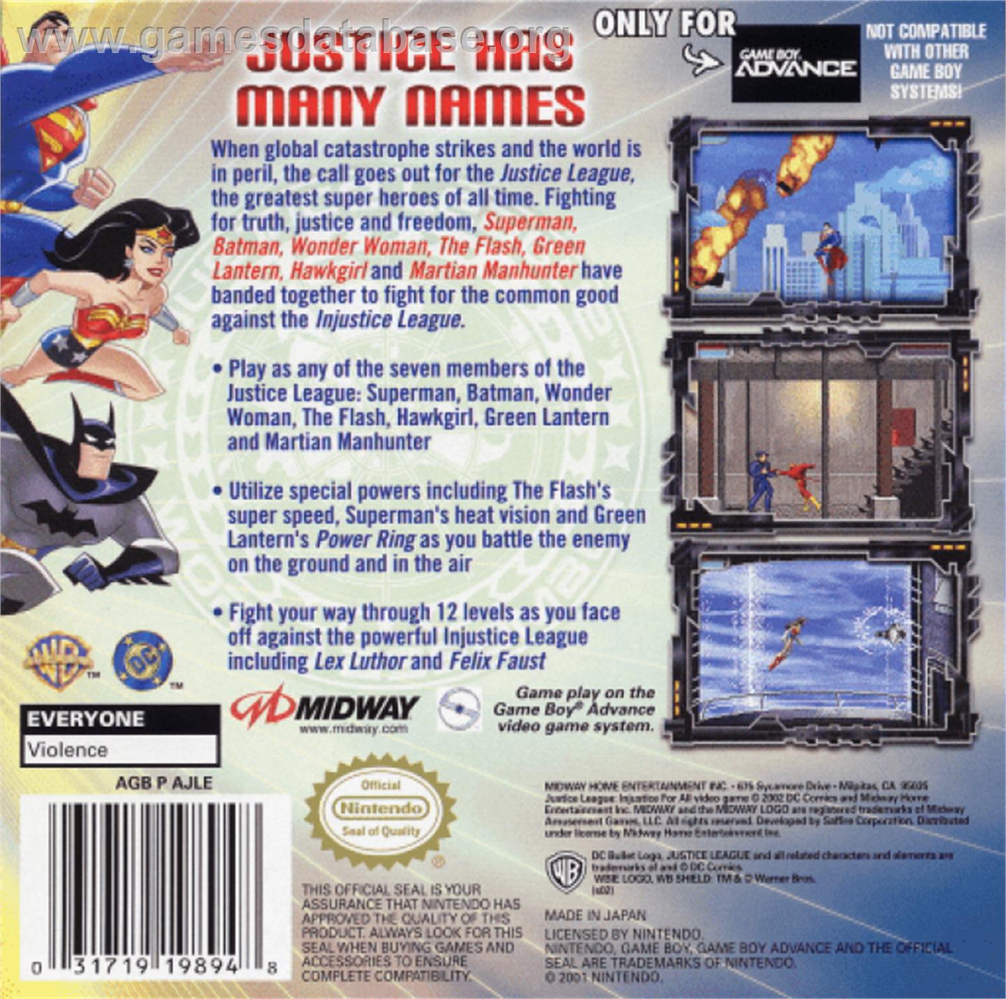 Justice League: Injustice for All - Nintendo Game Boy Advance - Artwork - Box Back