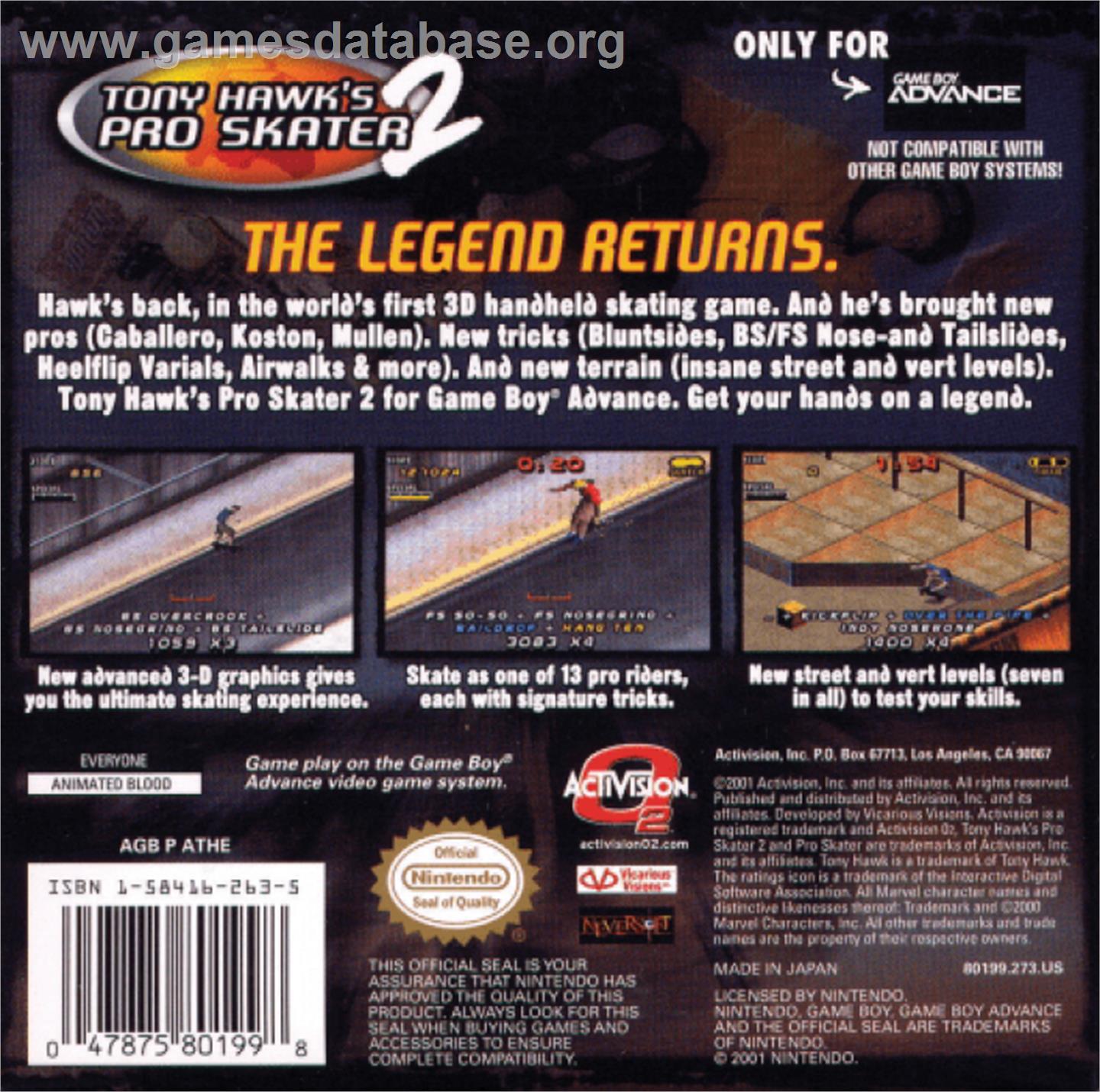 Tony Hawk's Pro Skater 2 - Nintendo Game Boy Advance - Artwork - Box Back