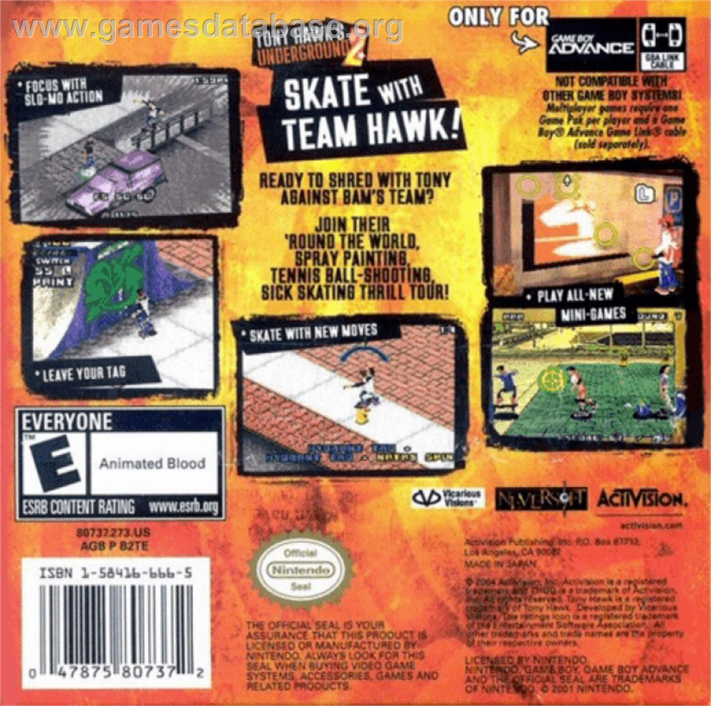 Tony Hawk's Underground 2 - Nintendo Game Boy Advance - Artwork - Box Back