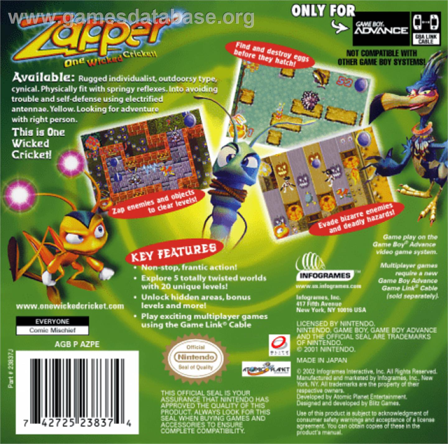 Zapper: One Wicked Cricket - Nintendo Game Boy Advance - Artwork - Box Back