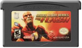 Cartridge artwork for Justice League Heroes: The Flash on the Nintendo Game Boy Advance.
