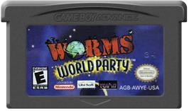 Cartridge artwork for Worms World Party on the Nintendo Game Boy Advance.