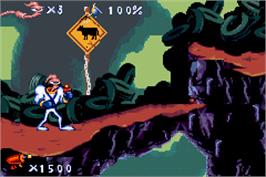 In game image of Earthworm Jim on the Nintendo Game Boy Advance.