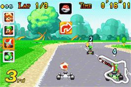 In game image of Mario Kart Super Circuit on the Nintendo Game Boy Advance.