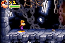 In game image of Rayman Raving Rabbids on the Nintendo Game Boy Advance.