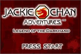 Title screen of Jackie Chan Adventures: Legend of the Dark Hand on the Nintendo Game Boy Advance.