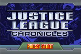 Title screen of Justice League: Chronicles on the Nintendo Game Boy Advance.