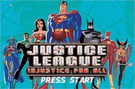 Title screen of Justice League: Injustice for All on the Nintendo Game Boy Advance.