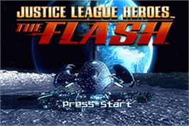 Title screen of Justice League Heroes: The Flash on the Nintendo Game Boy Advance.