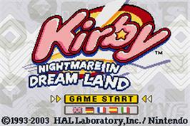 Title screen of Kirby: Nightmare in Dreamland on the Nintendo Game Boy Advance.
