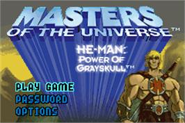 Title screen of Masters of the Universe: He-Man: Power of Greyskull on the Nintendo Game Boy Advance.