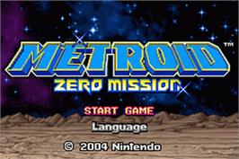 Title screen of Metroid: Zero Mission on the Nintendo Game Boy Advance.