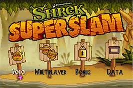 Title screen of Shrek SuperSlam on the Nintendo Game Boy Advance.