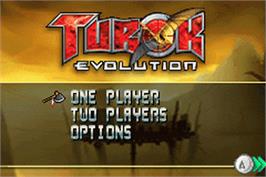 Title screen of Turok: Evolution on the Nintendo Game Boy Advance.