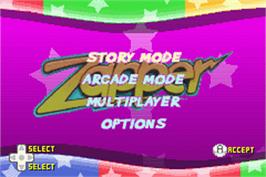 Title screen of Zapper: One Wicked Cricket on the Nintendo Game Boy Advance.