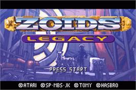 Title screen of Zoids: Legacy on the Nintendo Game Boy Advance.