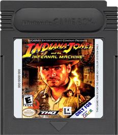 Cartridge artwork for Indiana Jones and the Infernal Machine on the Nintendo Game Boy Color.
