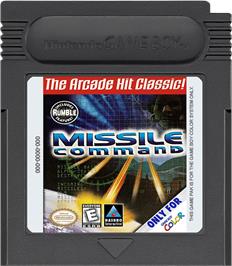 Cartridge artwork for Missile Command on the Nintendo Game Boy Color.
