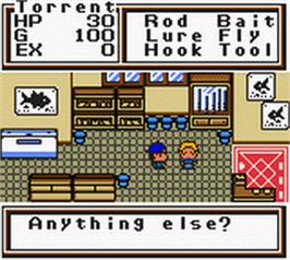 In game image of Legend of the River King GB on the Nintendo Game Boy Color.