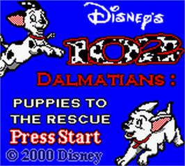 Title screen of 102 Dalmatians: Puppies to the Rescue on the Nintendo Game Boy Color.