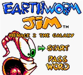 Title screen of Earthworm Jim: Menace 2 the Galaxy on the Nintendo Game Boy Color.