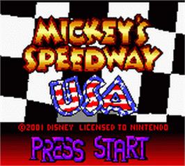 Title screen of Mickey's Speedway USA on the Nintendo Game Boy Color.