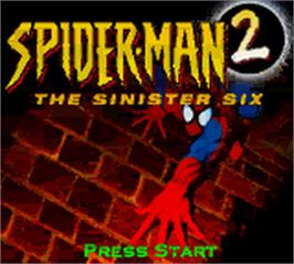 Title screen of Spider-Man 2: The Sinister Six on the Nintendo Game Boy Color.