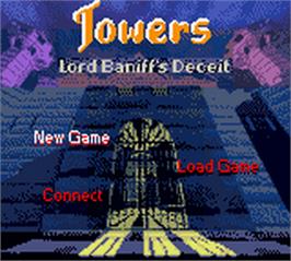 Title screen of Towers: Lord Baniff's Deceit on the Nintendo Game Boy Color.