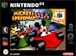 Box cover for Mickey's Speedway USA on the Nintendo N64.