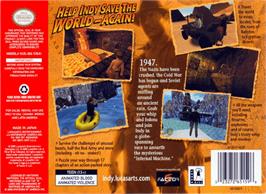 Box back cover for Indiana Jones and the Infernal Machine on the Nintendo N64.