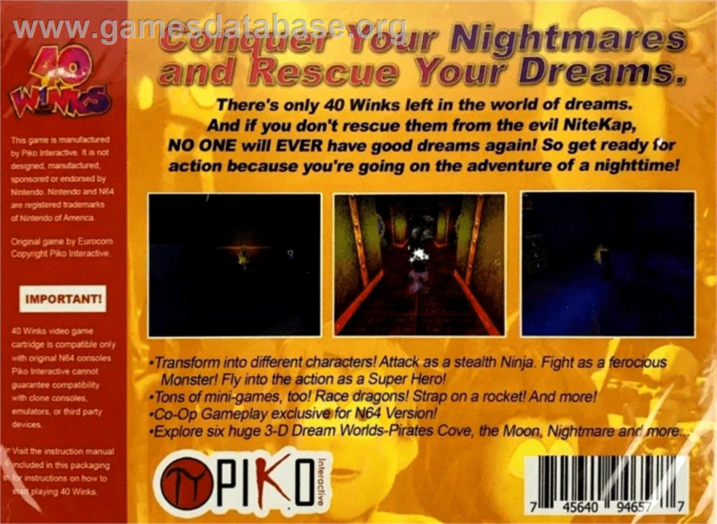 40 Winks - Nintendo N64 - Artwork - Box Back