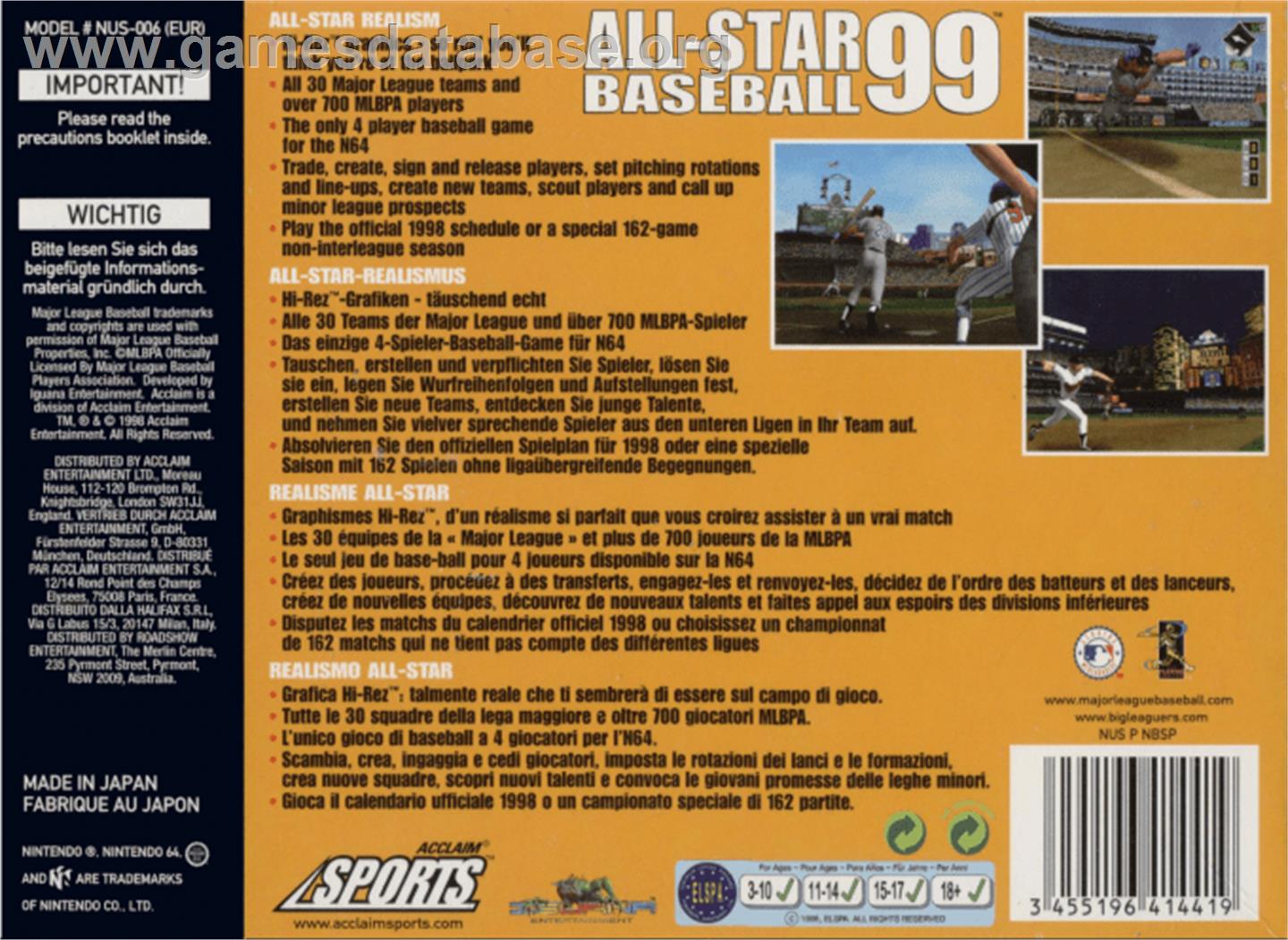 All-Star Baseball '99 - Nintendo N64 - Artwork - Box Back
