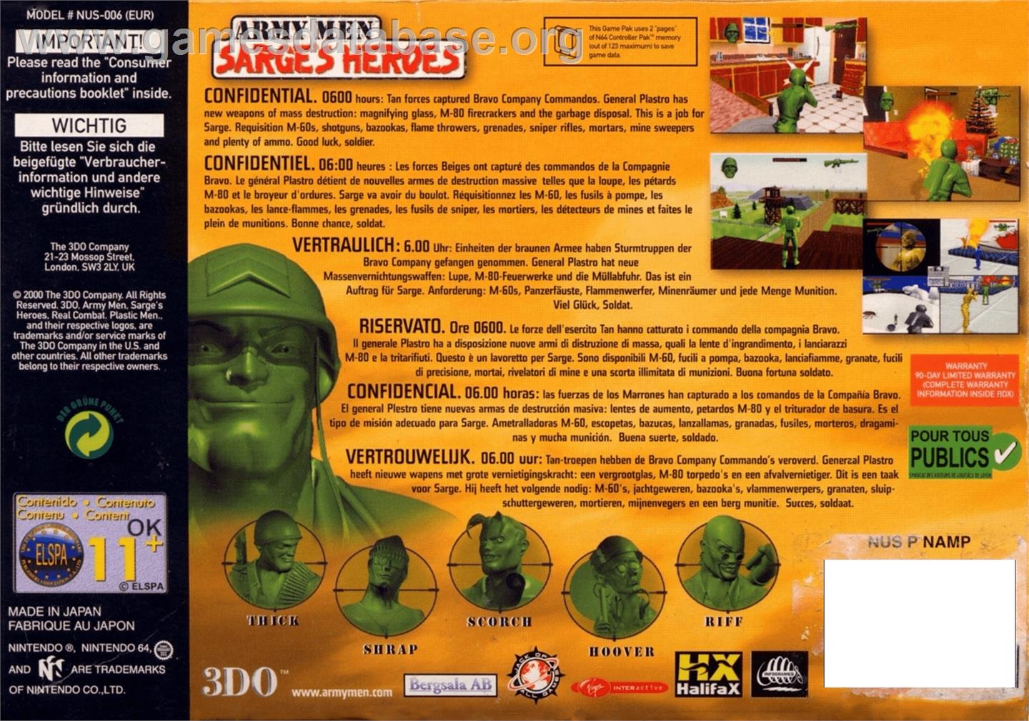 Army Men: Sarge's Heroes - Nintendo N64 - Artwork - Box Back