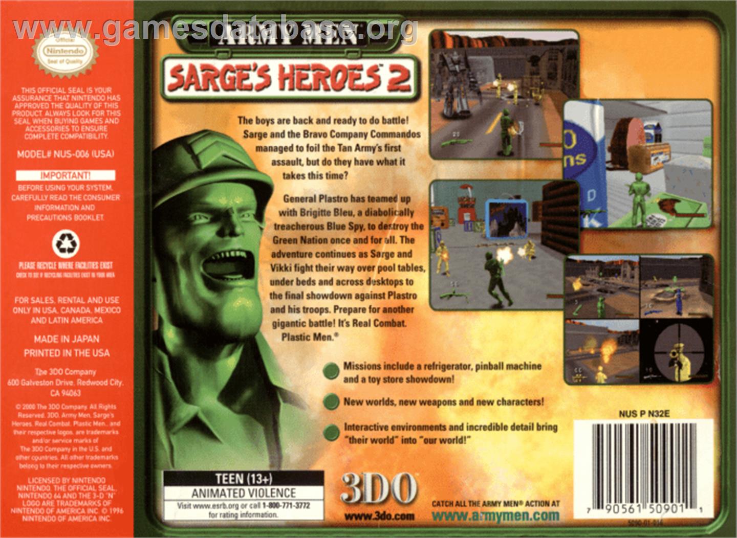 Army Men: Sarge's Heroes 2 - Nintendo N64 - Artwork - Box Back