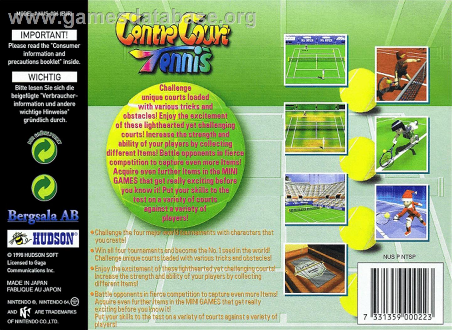 Centre Court Tennis - Nintendo N64 - Artwork - Box Back