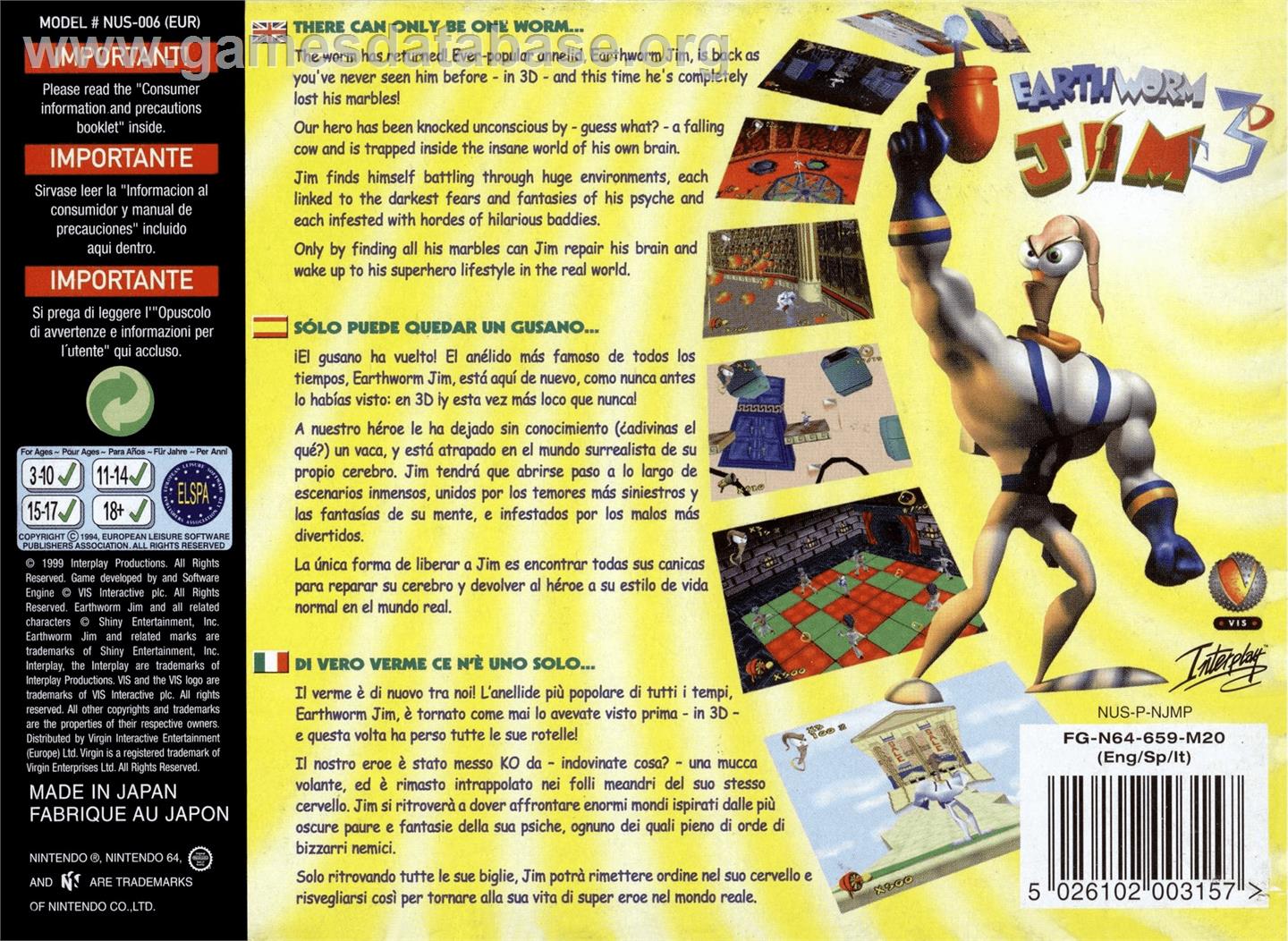 Earthworm Jim 3D - Nintendo N64 - Artwork - Box Back