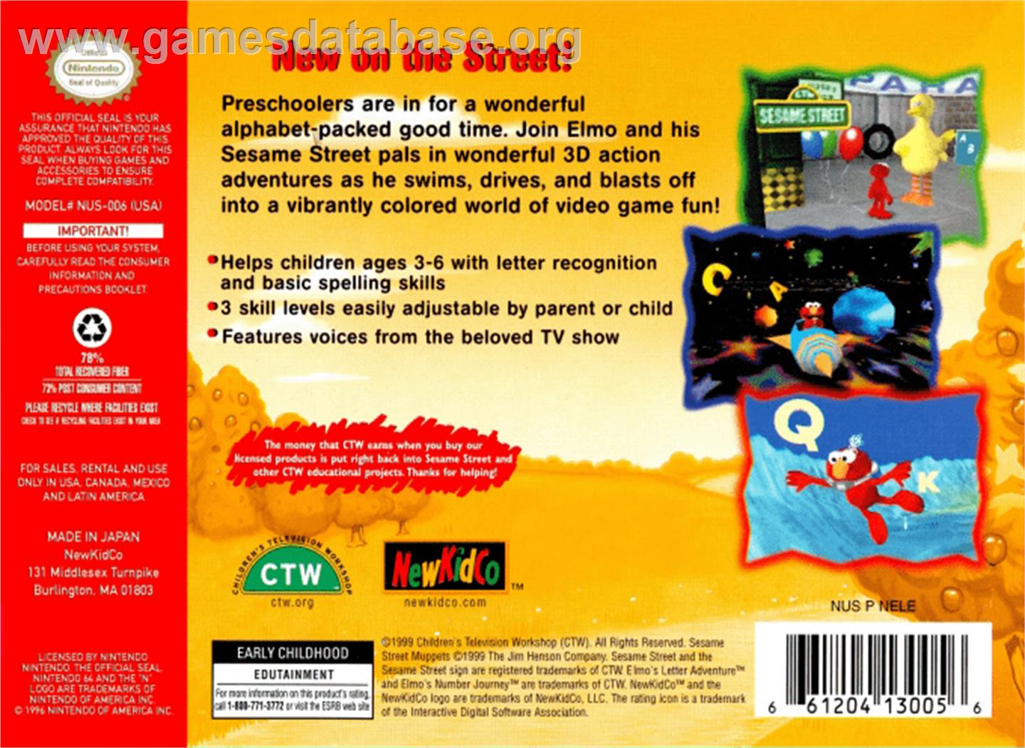 Elmo's Letter Adventure - Nintendo N64 - Artwork - Box Back
