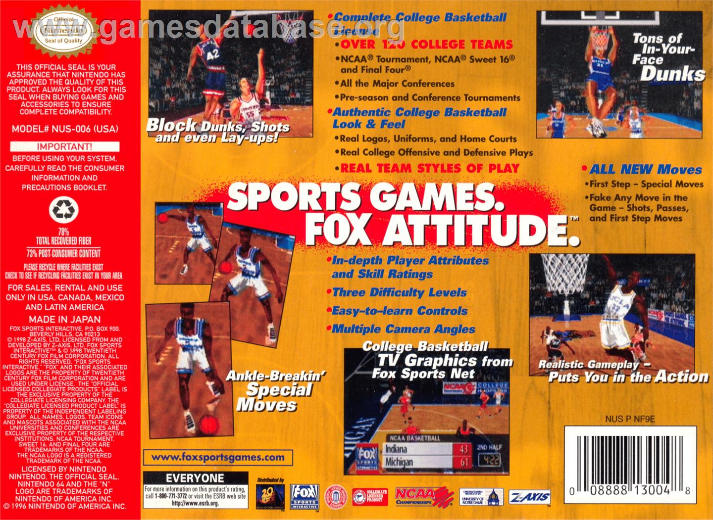Fox Sports College Hoops '99 - Nintendo N64 - Artwork - Box Back