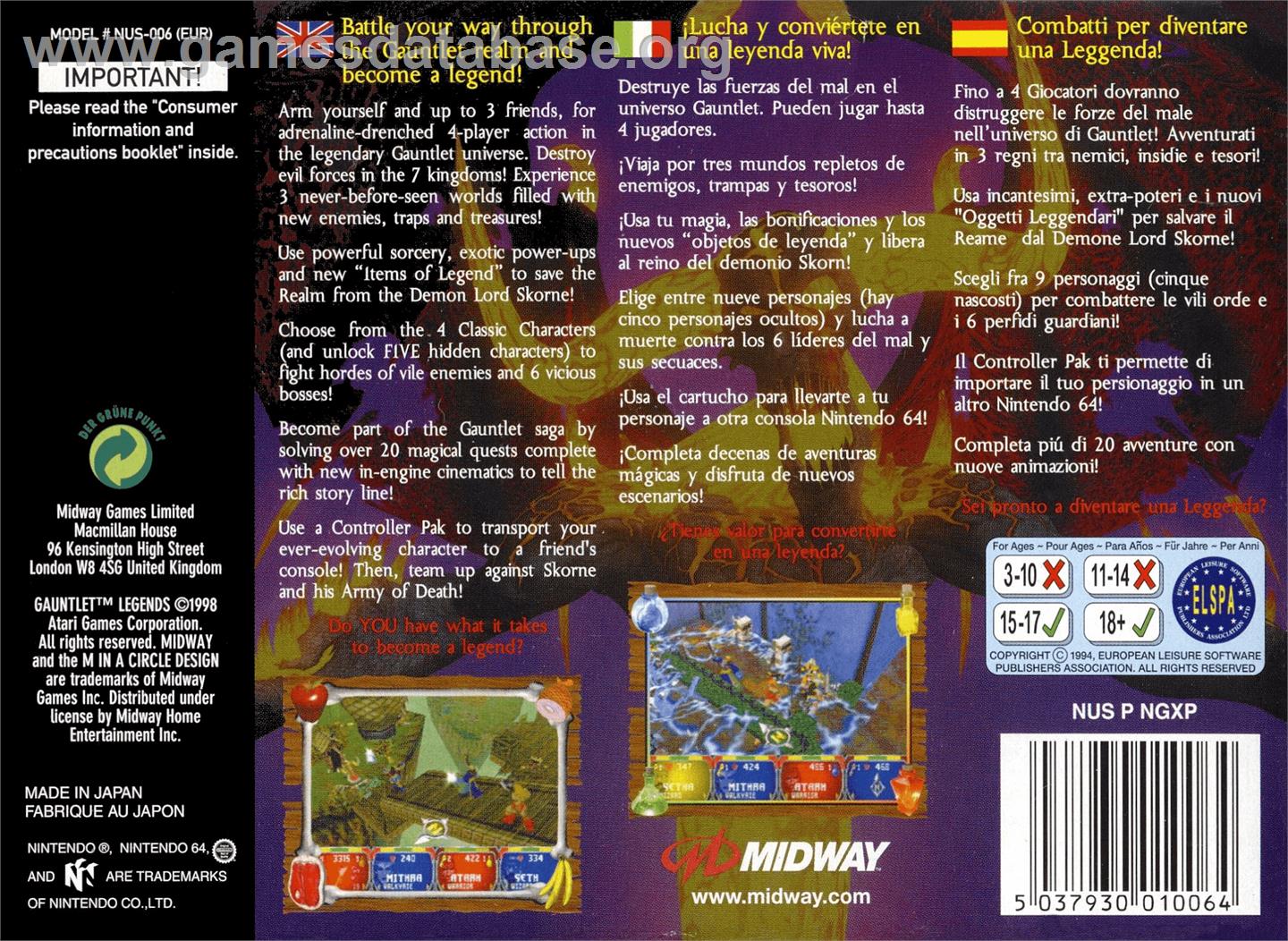 Gauntlet Legends - Nintendo N64 - Artwork - Box Back