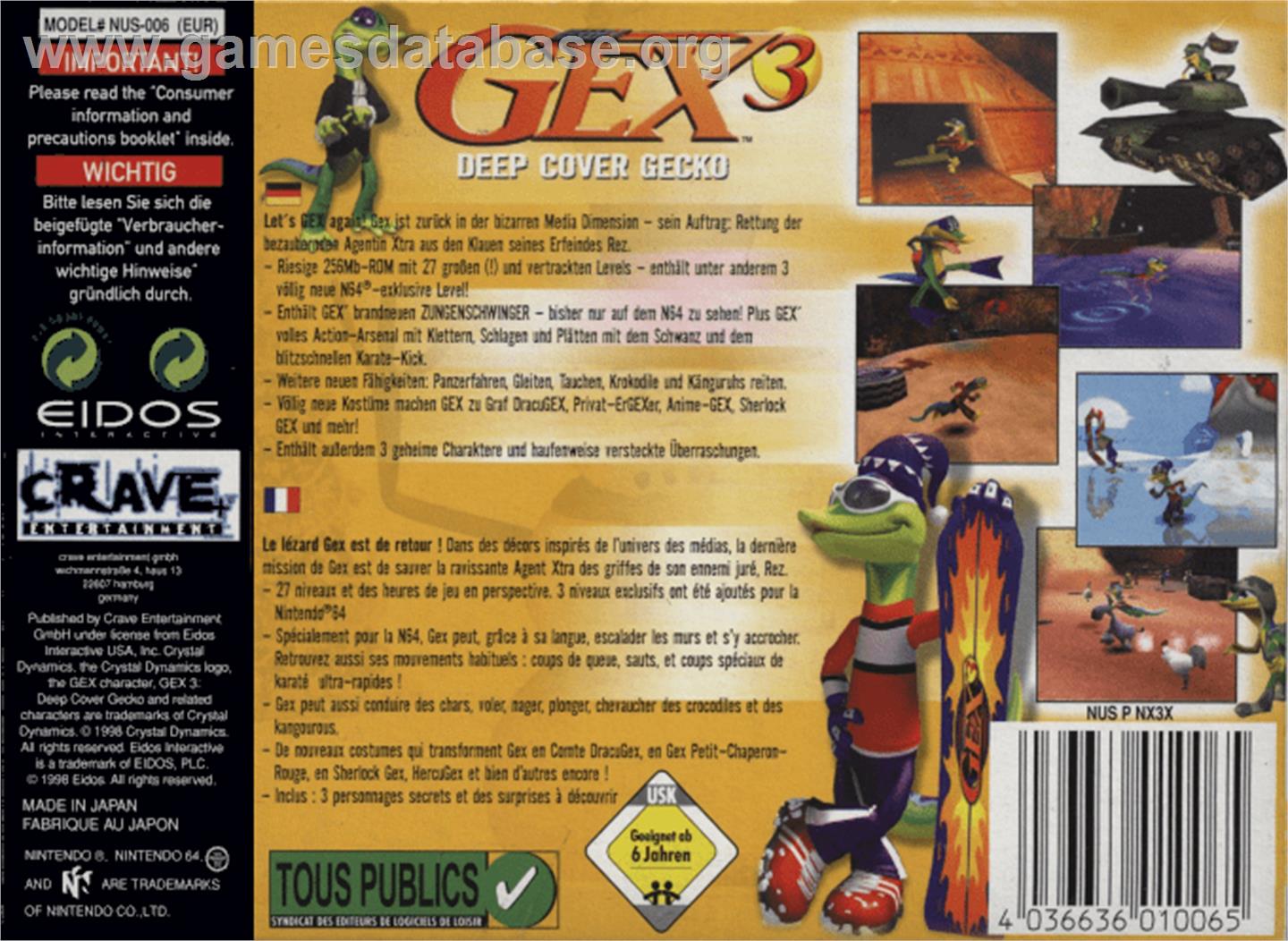 Gex 3: Deep Cover Gecko - Nintendo N64 - Artwork - Box Back