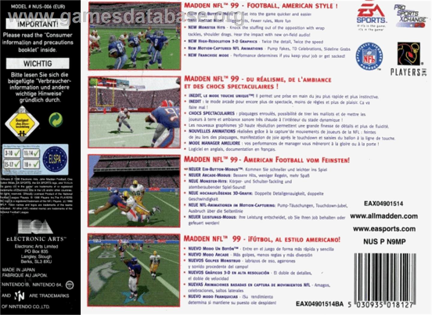 Madden NFL '99 - Nintendo N64 - Artwork - Box Back