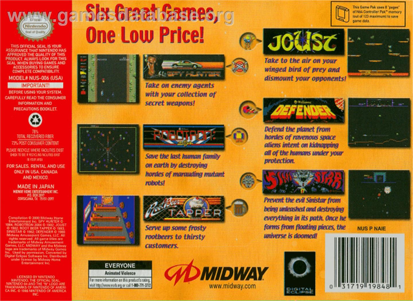 Midway's Greatest Arcade Hits 1 - Nintendo N64 - Artwork - Box Back